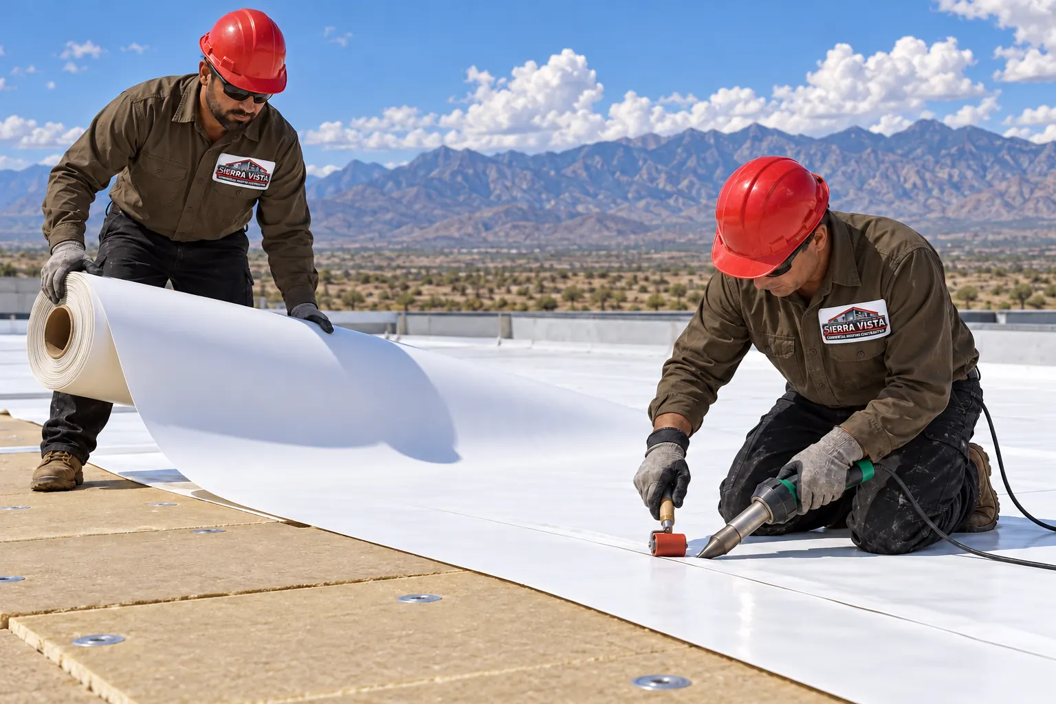 Roofers unrolling white TPO membrane and welding the lap on a flat commercial roof
