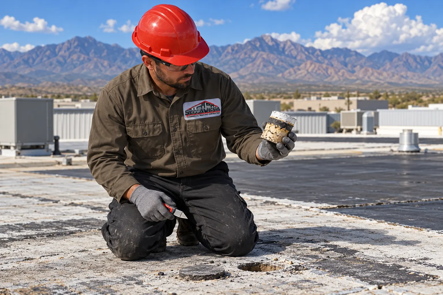 Roofer holding a core sample cut from a flat commercial roof