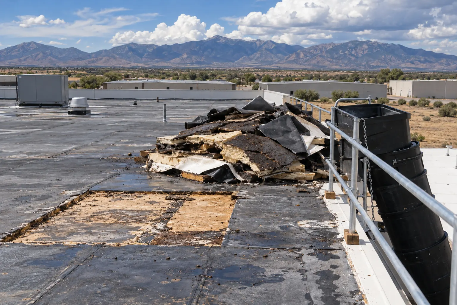 Torn-off roofing and wet insulation piled near a debris chute beside an opened roof section