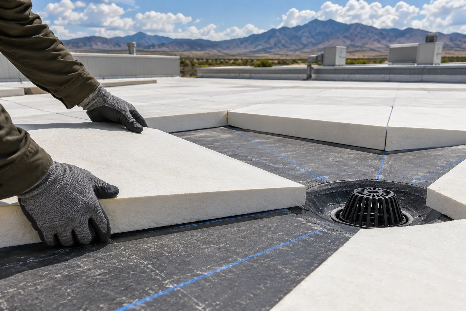 Gloved hands laying tapered insulation boards toward a roof drain
