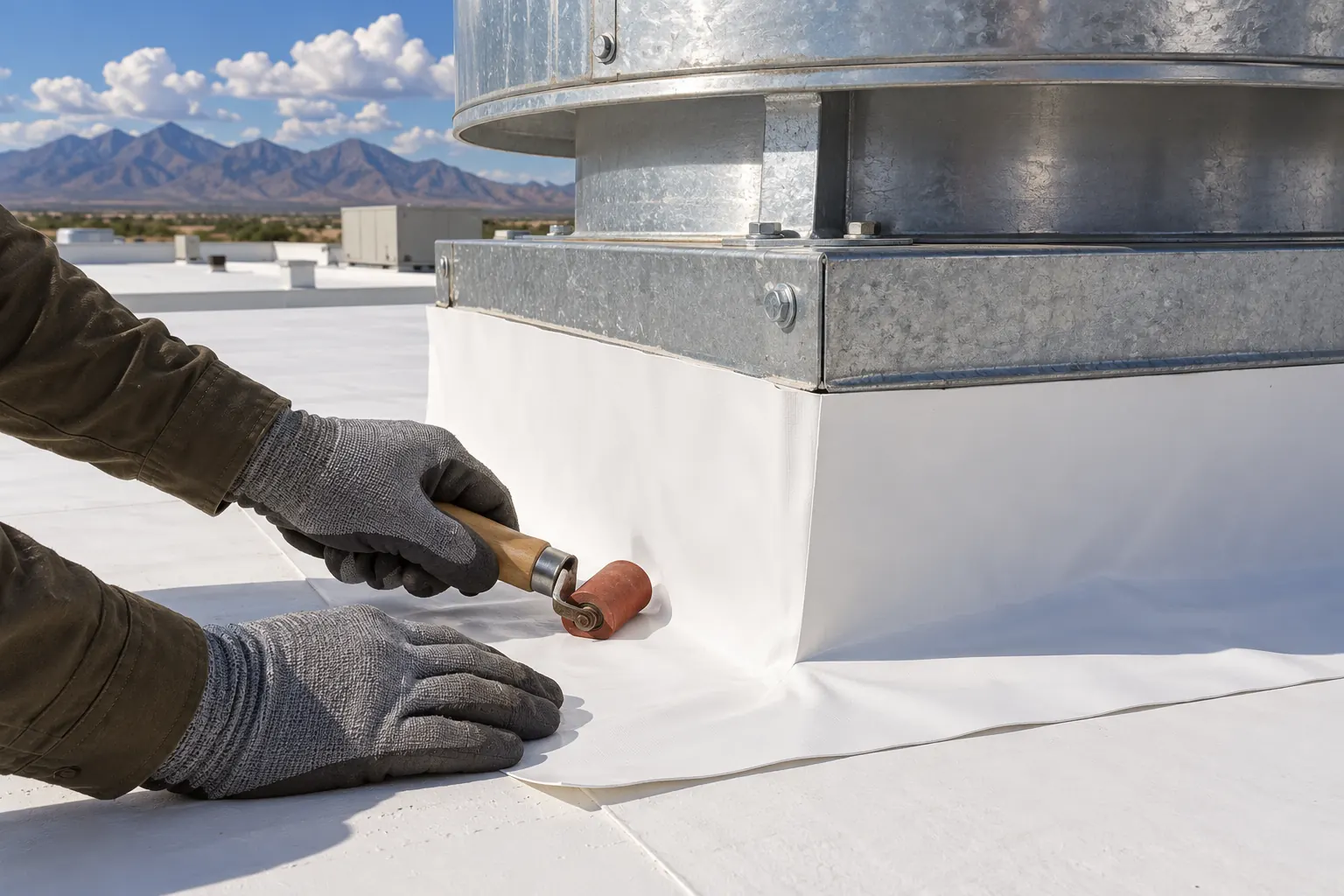 Gloved hands pressing white membrane flashing up a rooftop curb with a seam roller