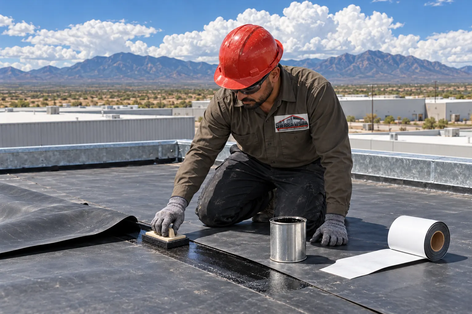 Roofer priming a black EPDM lap before applying seam tape