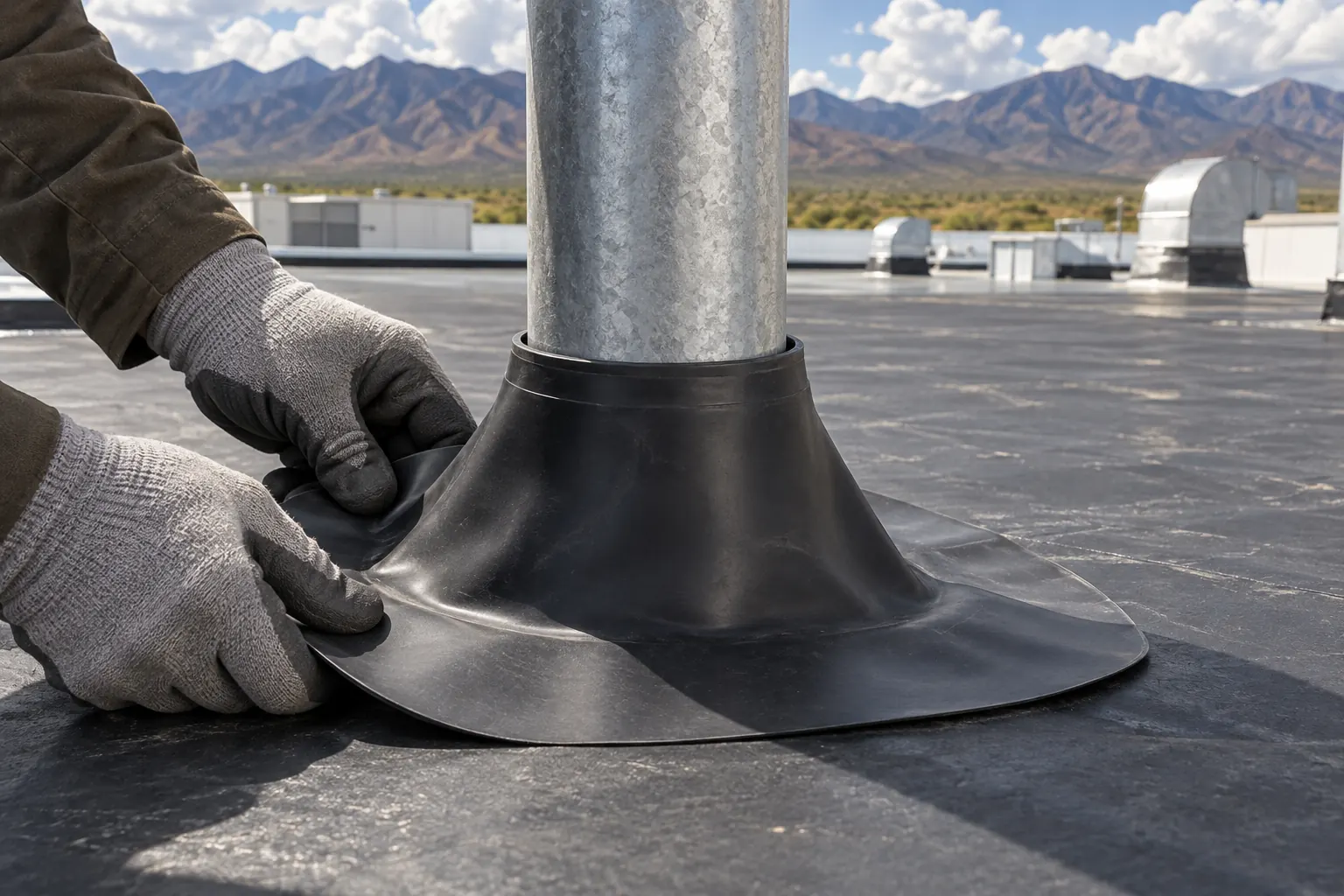 Gloved hands fitting a molded boot around a vent pipe on an EPDM roof