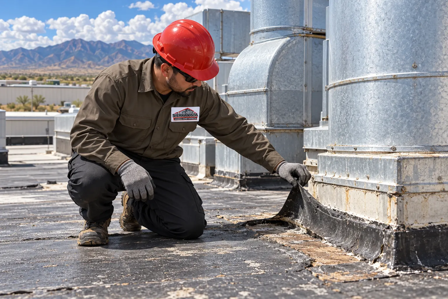 Roofer inspecting failed flashing at the base of process ducts on an industrial roof