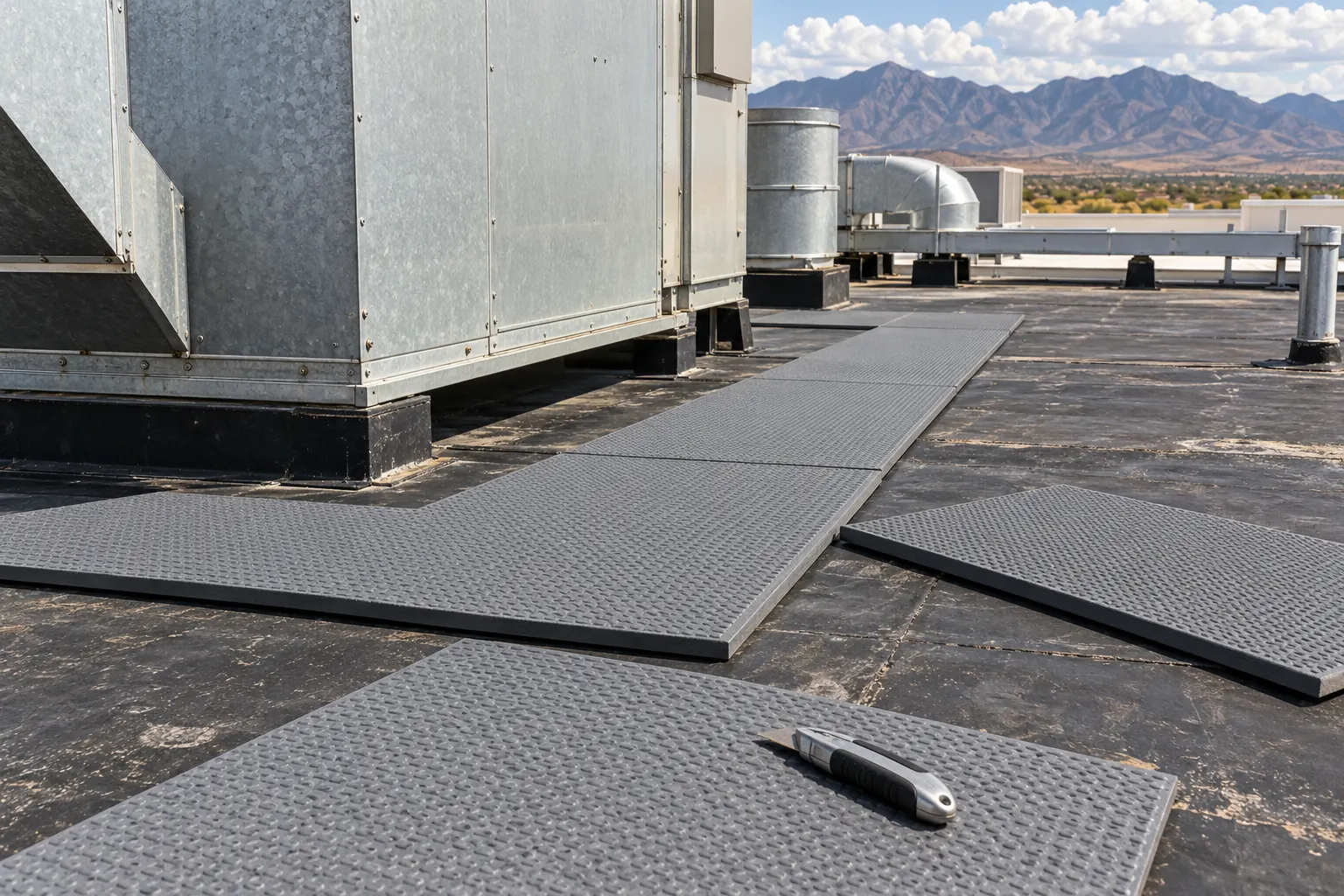 Gray walkway pads laid between rooftop units on an industrial membrane roof
