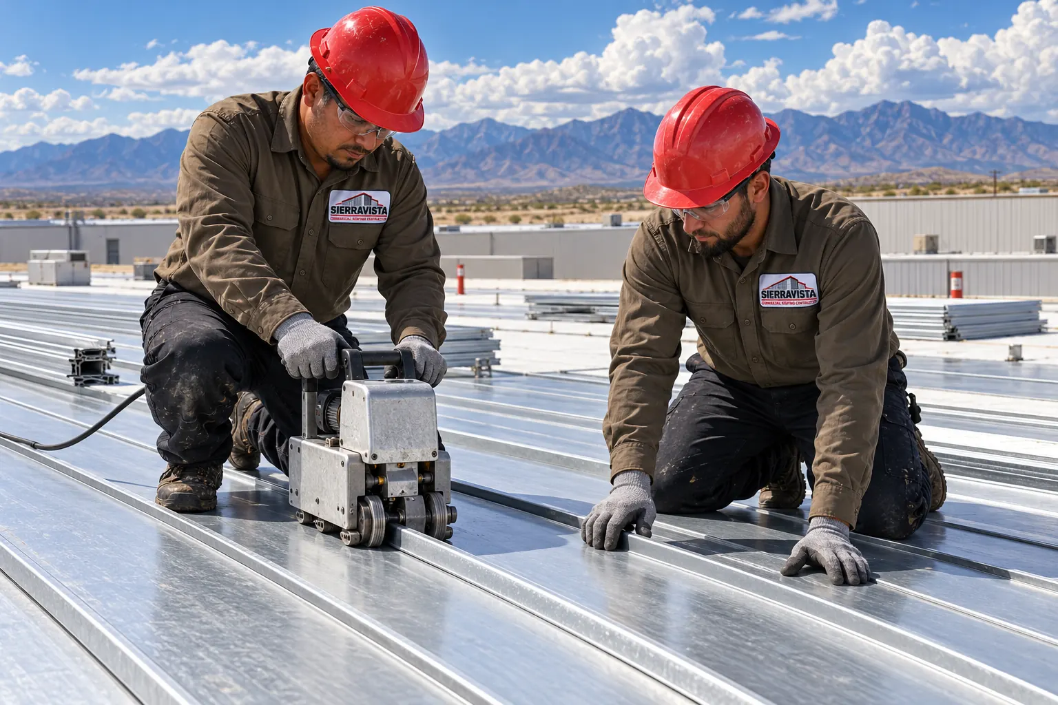 Two roofers closing standing-seam metal roof panels with an electric seamer in Sierra Vista, AZ