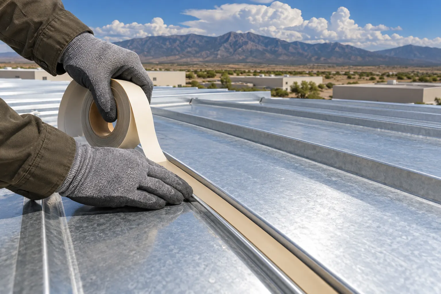 Gloved hands pressing butyl tape along a metal roof panel side lap