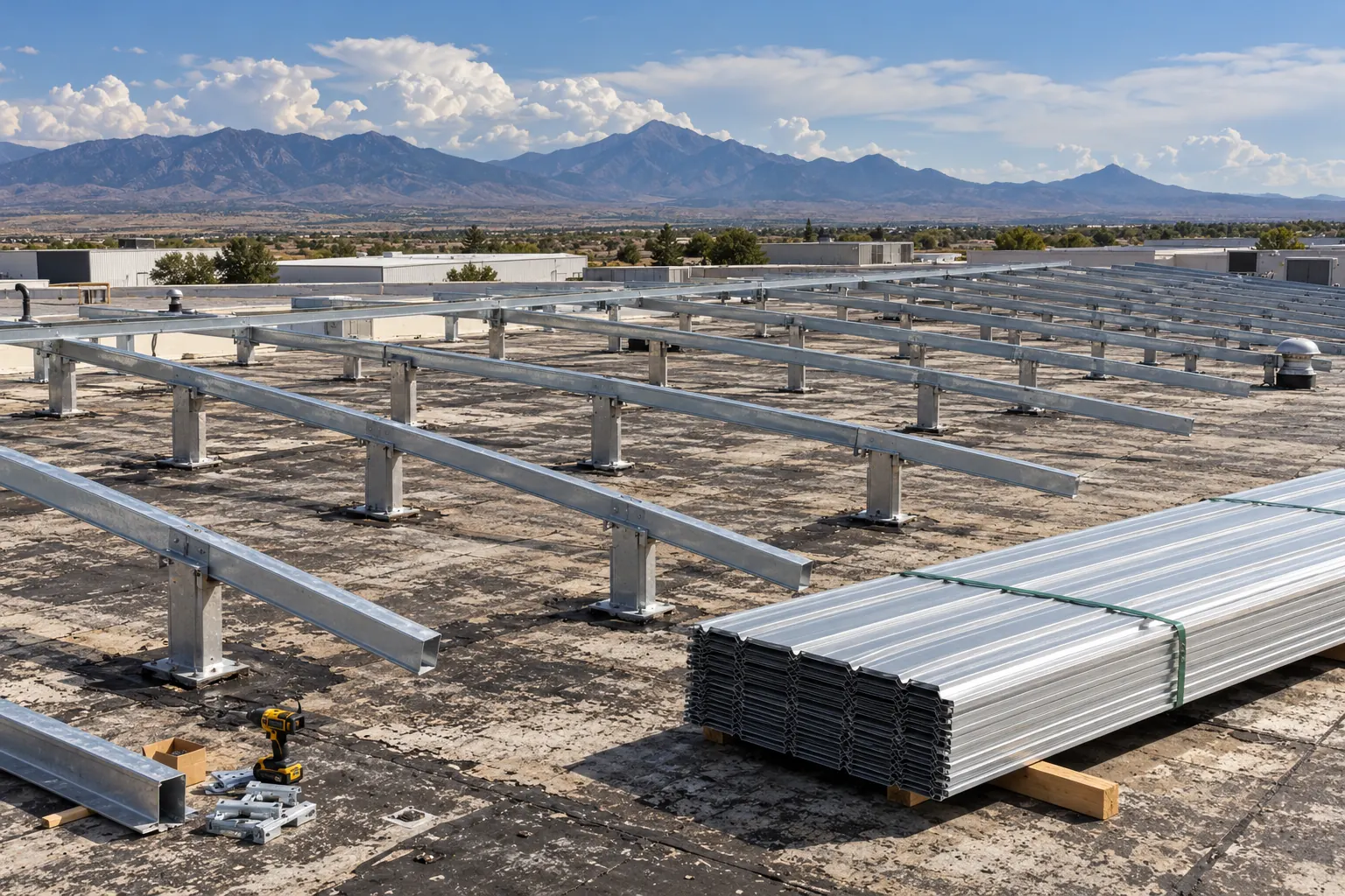 Galvanized retrofit framing fastened in rows over an old flat roof, with a bundle of metal panels nearby