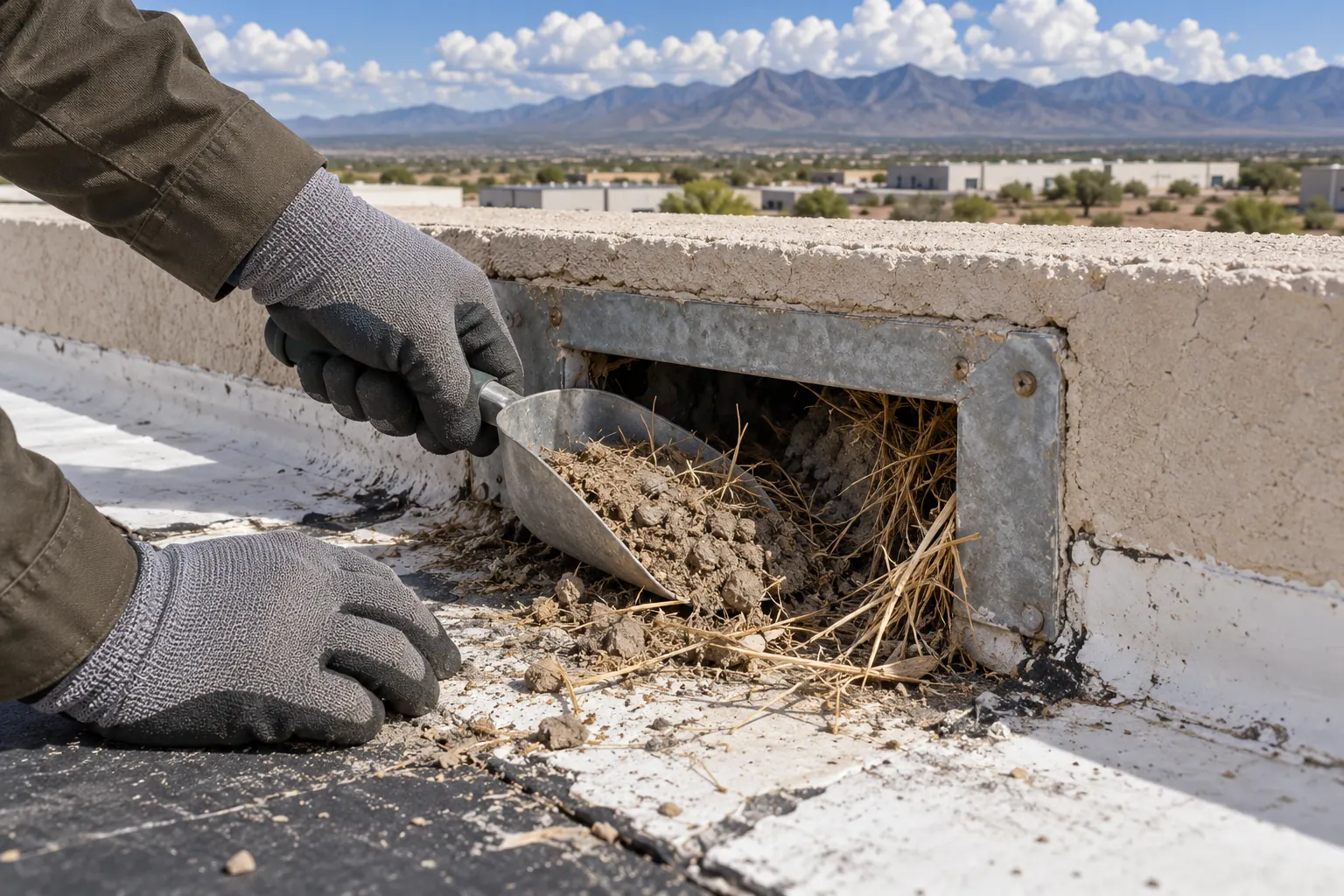 Gloved hands scooping dust and dry grass out of a roof scupper