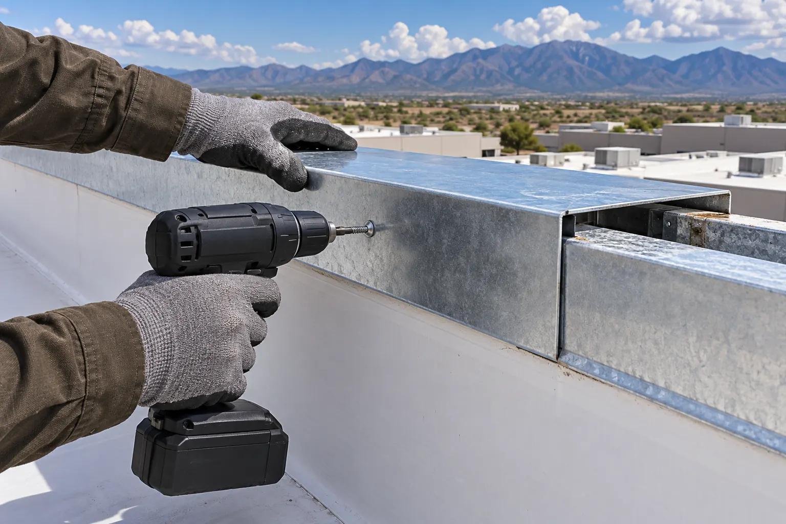 Drill fastening galvanized coping cap onto a parapet wall