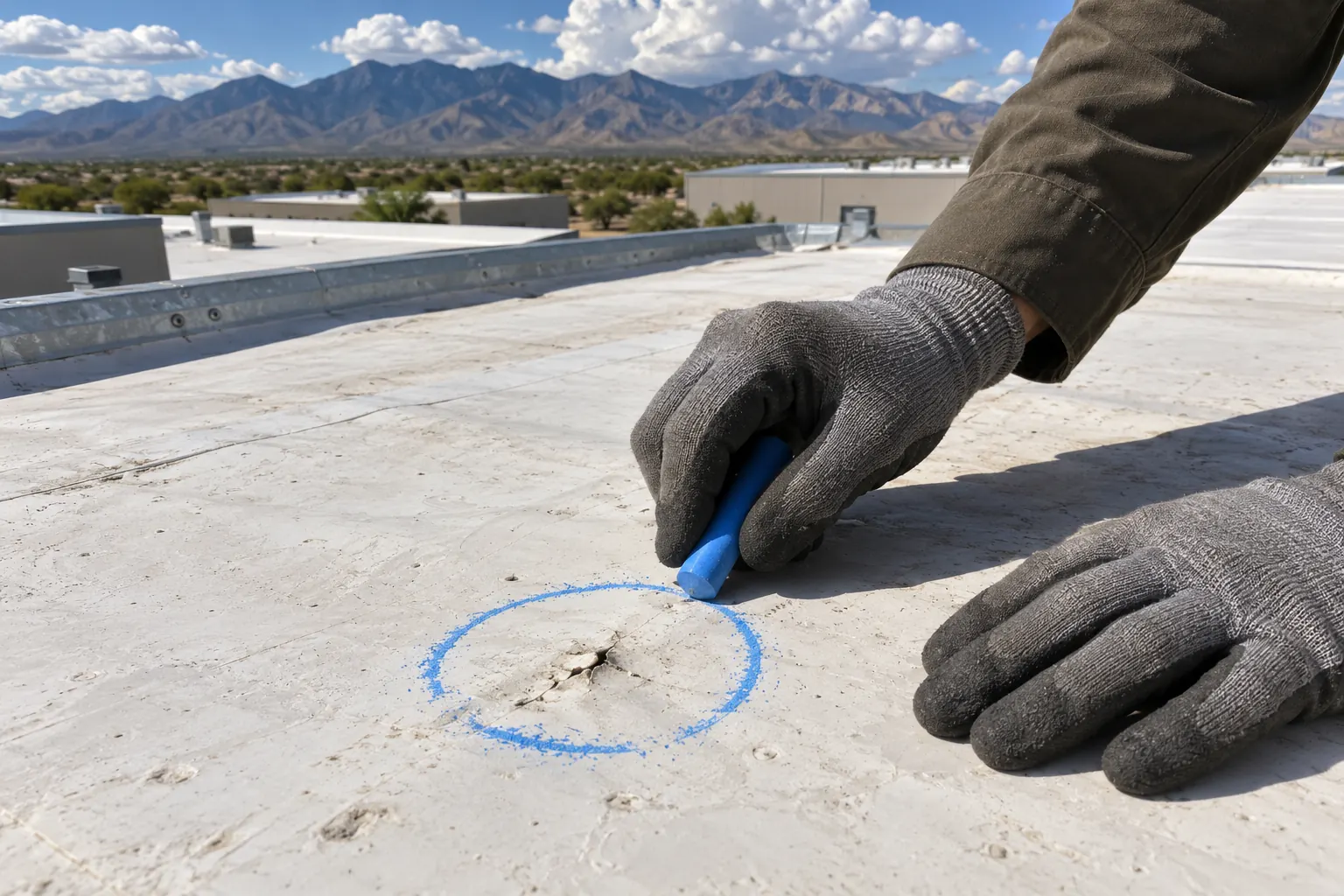 Gloved hand circling storm damage on a light gray roof membrane with blue chalk