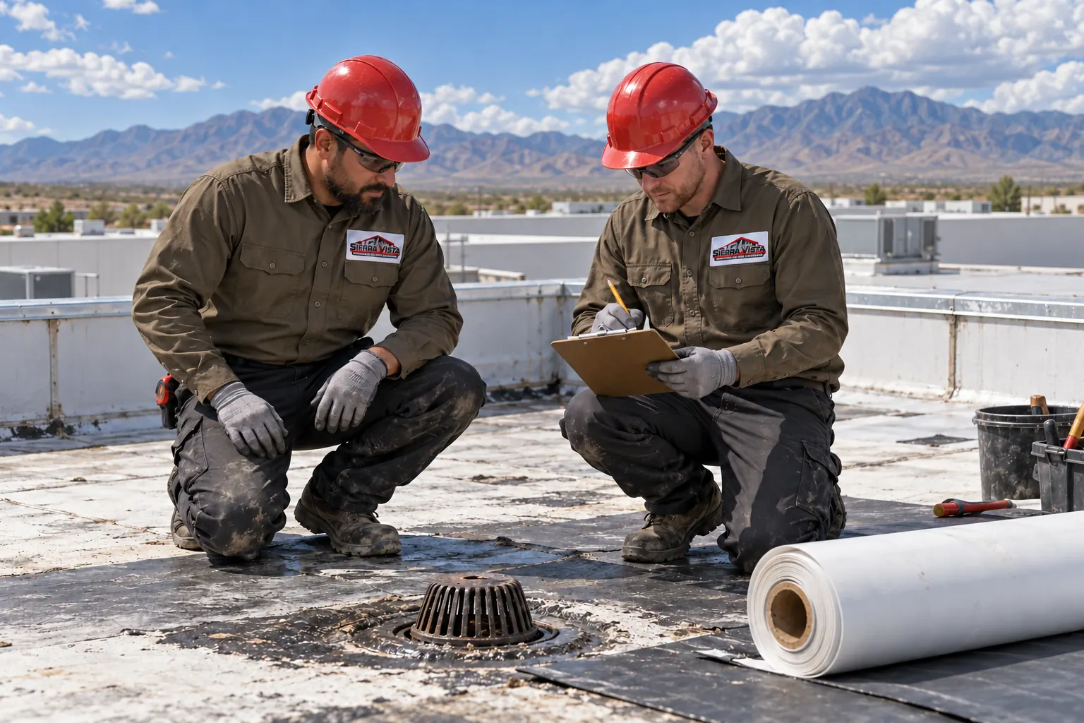 Crew lead checking a clipboard beside a roof drain while a second roofer looks on